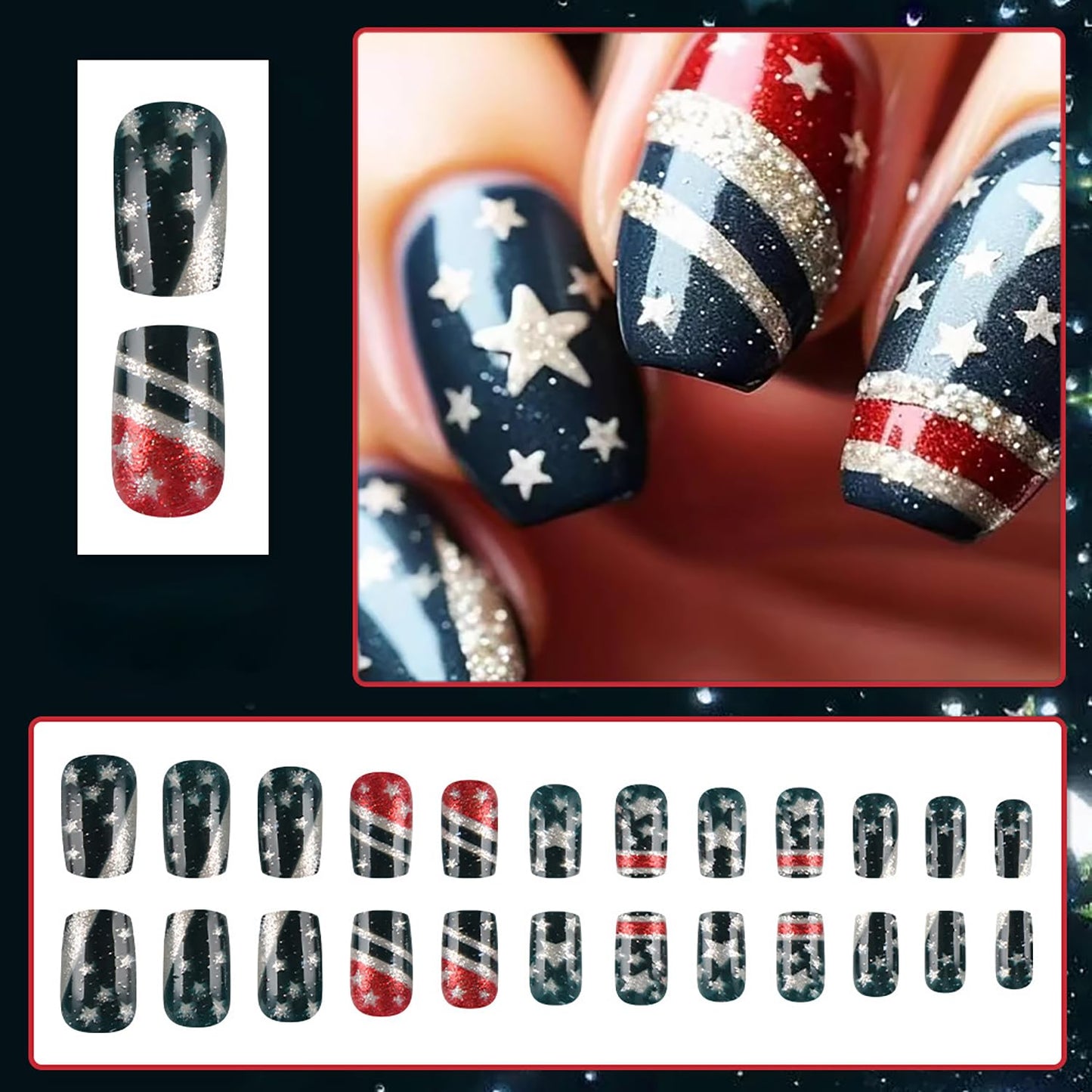 24Pcs 4th of July Press-On Nails - Medium Square Black American Flag Glitter Acrylic | Patriotic Full Cover Design