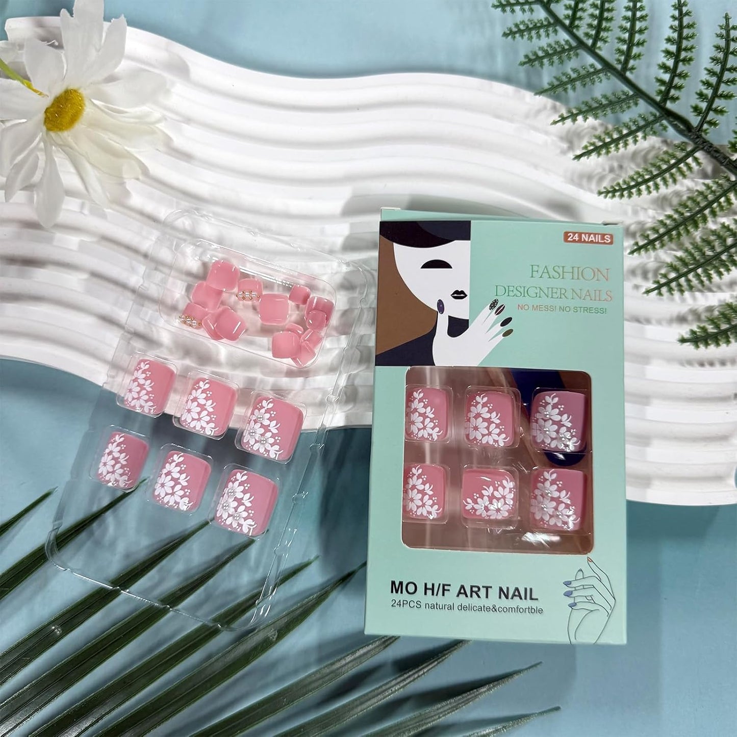 Floral Press-On Toenails - Short Square Acrylic Toe Nail Tips with 3D Flower Designs | 24 Pcs Glossy Pink Reusable