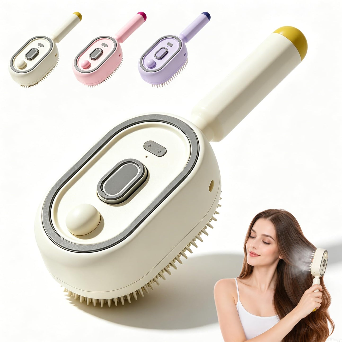 Electric Spray Air Cushion Massage Comb - 3-in-1 Rechargeable Steam Hair Brush, Detangling and Anti-Static Water Mist Brush for Frizz Reduction and Scalp Care (Beige)