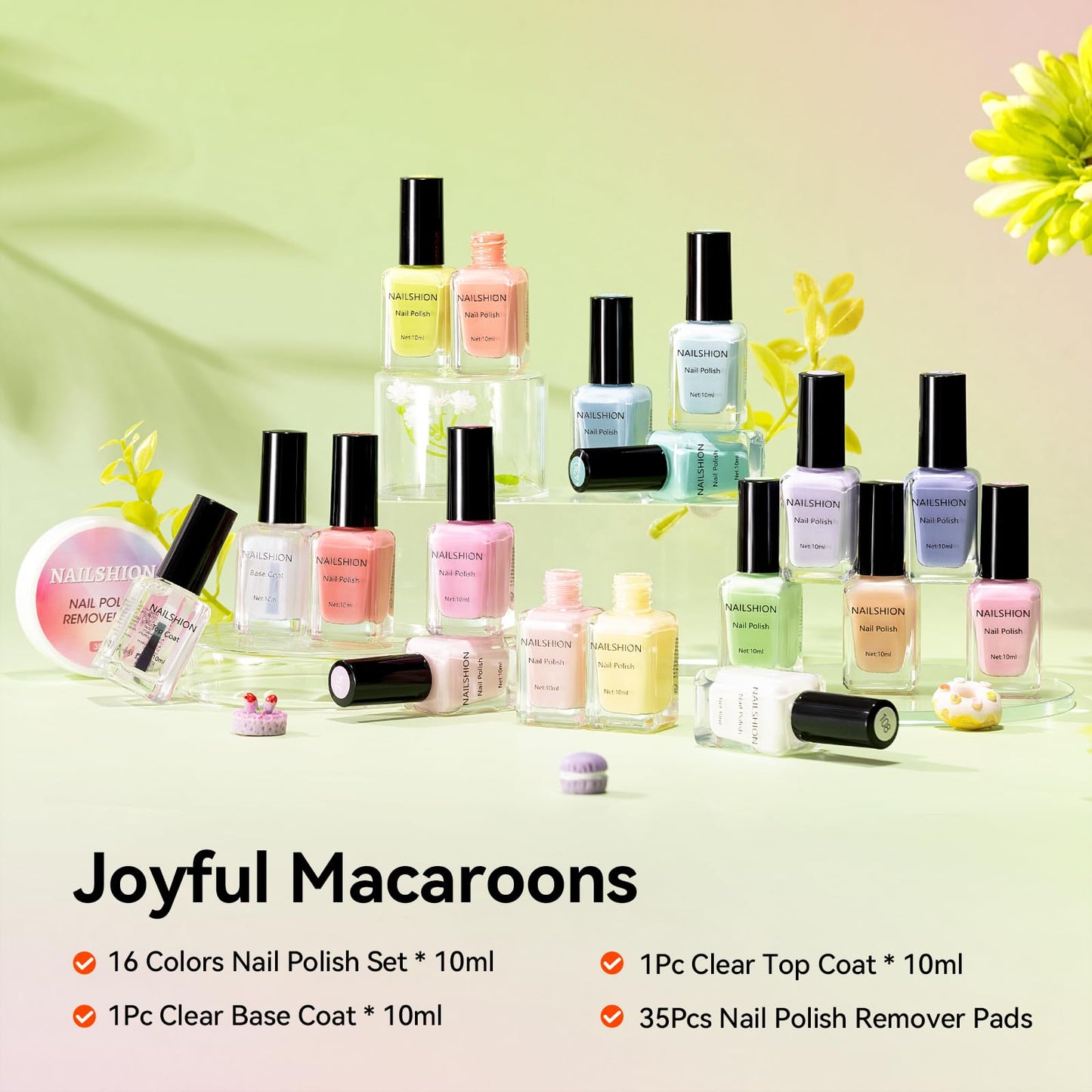 Nailshion 16 Colors Macaroon Nail Polish Set, Nude Pink Palette Nail Lacquer with Base Top Coat & Remover Pads, Quick Air Dry Non-Gel, French Nails Fingernail Toenail Nail Art Design Kit