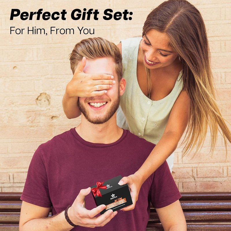 Beard Scrubber Brush Kit for Men, Silicone Beard Brush & Scalp Massager, Beard Exfoliator for Beardruff, Beard Shampoo Brush with Dual-Sided Comb and Mustache Scissors, 3 Piece Grooming Set