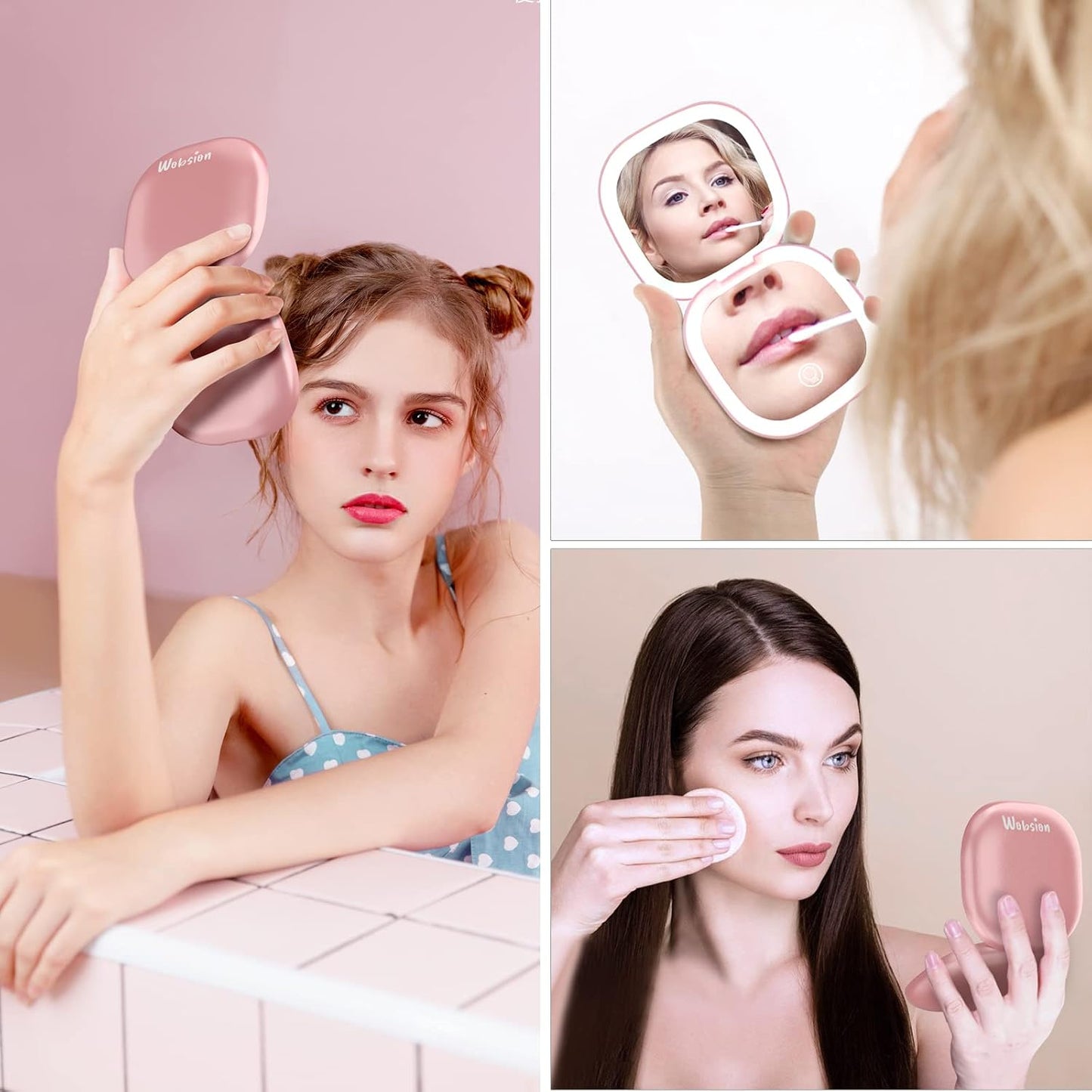 Travel Mirror with Light - Rechargeable 1x/10x Compact Magnifying Mirror | Dimmable Pocket Mirror, 3.5 Inch, Rose Gold
