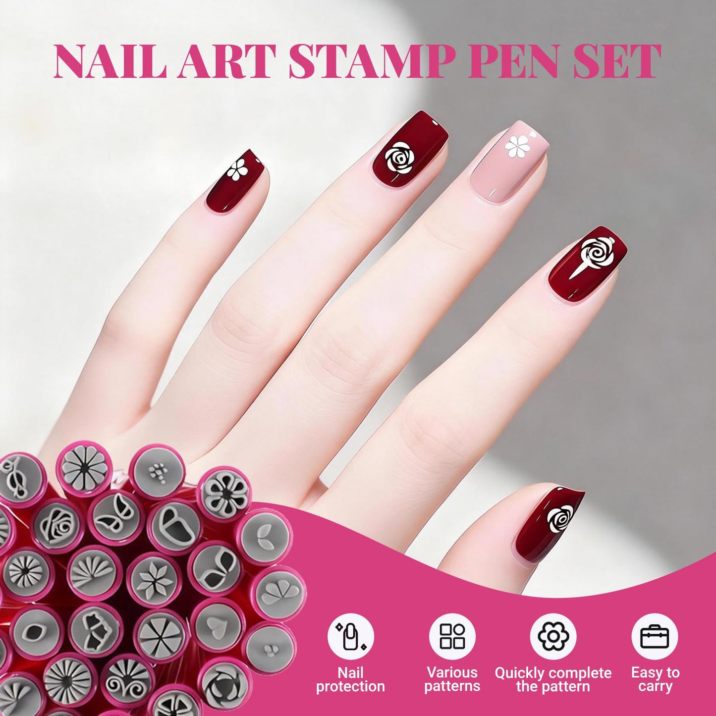 20PCS Nail Art Stamp Pen Set, Flower Butterfly Rose Nail Stamping Kit, DIY Stamper Nail Art Tools with Different Patterns (Randomly) for Women Girls
