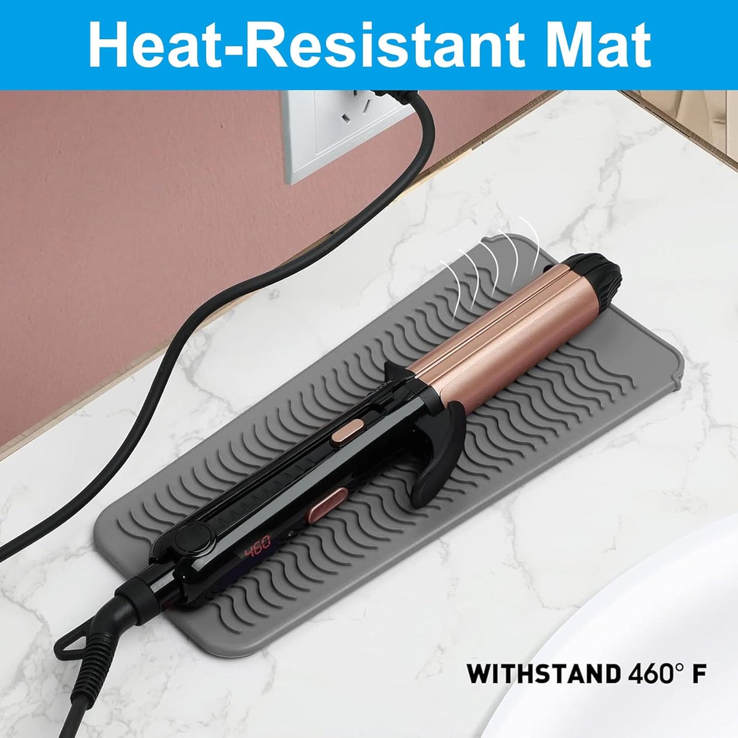 Silicone Heat Resistant Mat for Hair Tools - Curling Iron & Flat Iron Pad | Portable Travel Pouch, Grey