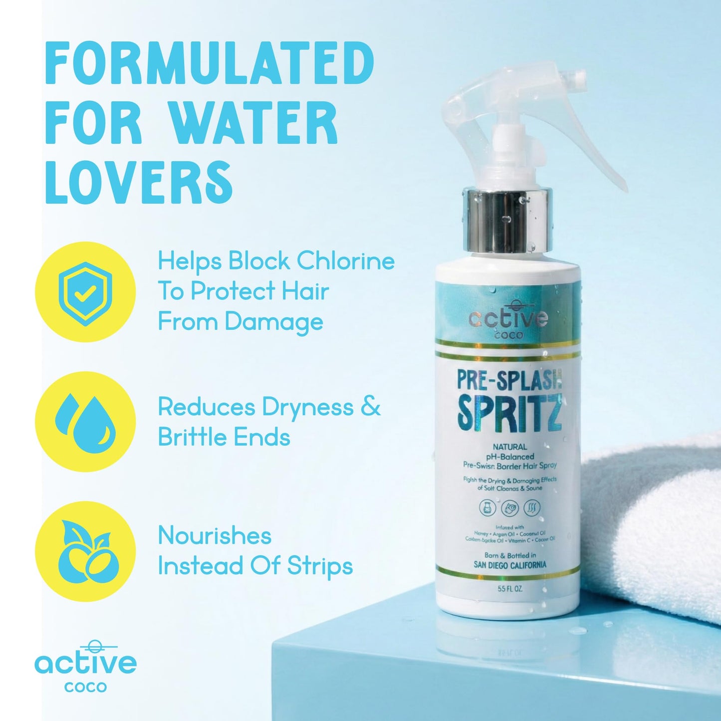 Pre-Swim Hair Protection Spray – Chlorine, Salt Water & Sauna for Swimmers - Coconut Oil, Jojoba, Aloe Vera & Vitamin E Leave-In Conditioner - Protects Color-Treated & Dry Hair, Made in USA