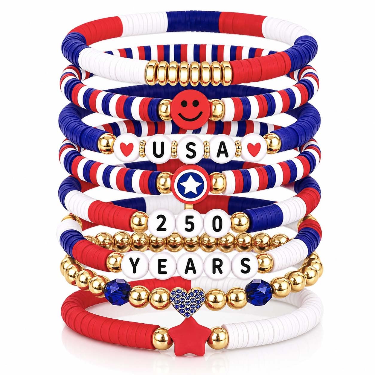 Go Ho 8 Pack 250 Anniversary USA Bracelets,4th of July Outfits Shirts Accessories for Women,Patriotic Red White and Blue Stackable Bracelets Set with USA,250 YEARS,Star&Smile Charms