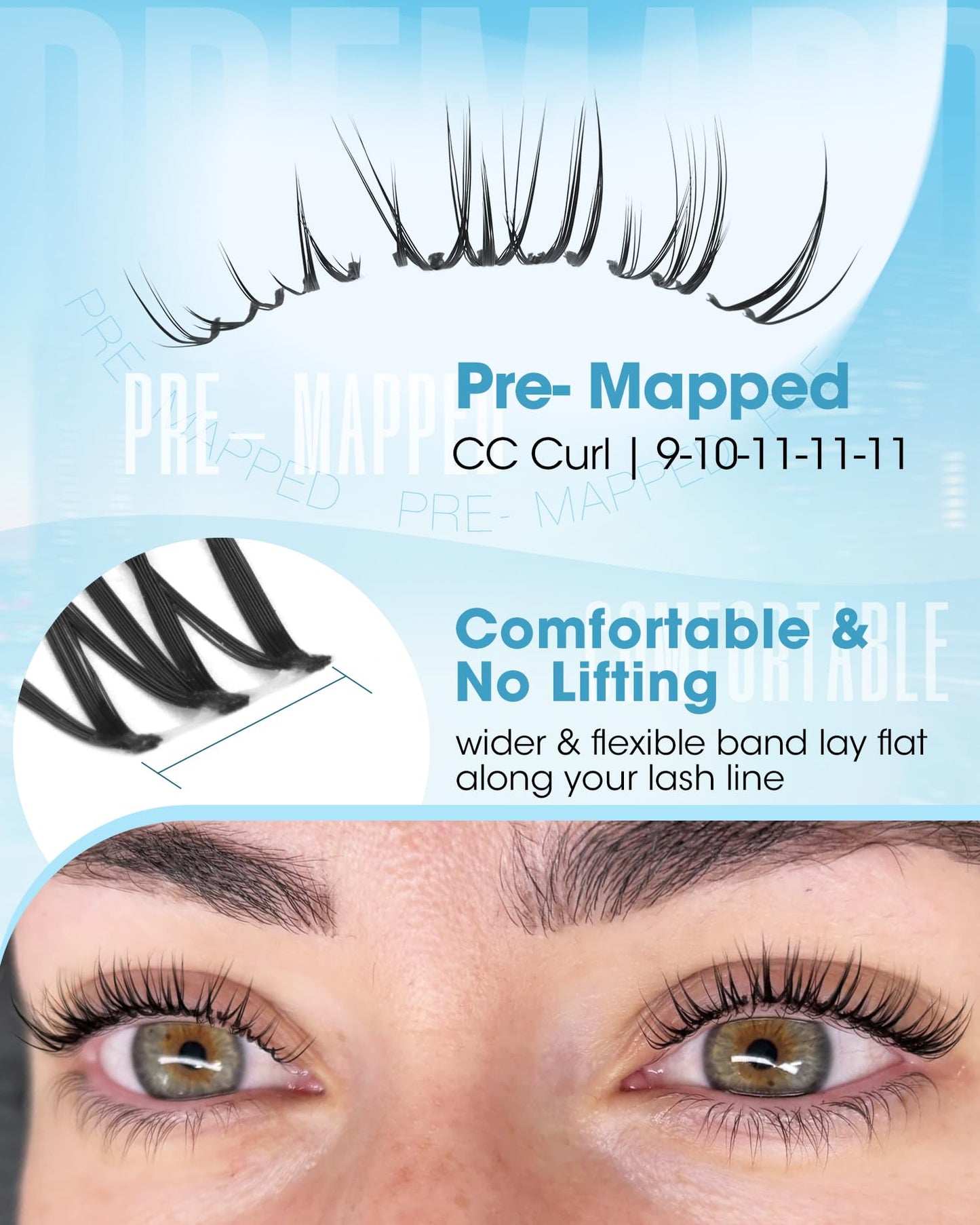 Wet Lash Clusters 9-10-11MM Wispy Cluster Eyelash Extensions Realistic Look Cluster Lashes with CC Curl & Clear Band & Spikes Effect, for Sleek, Glossy and Mascara-Like Finish