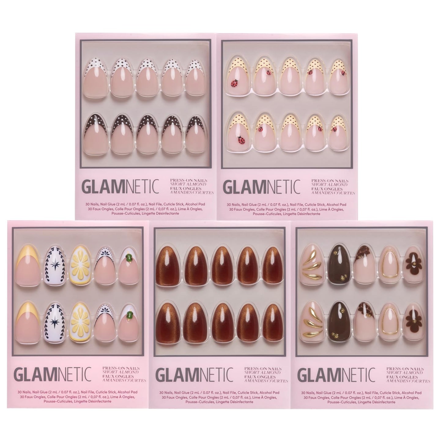 Glamnetic Short Almond Press-On Nails Bundle - Polka Dot French Tips & 3D Nail Art | Vacation Designs, 5 Styles