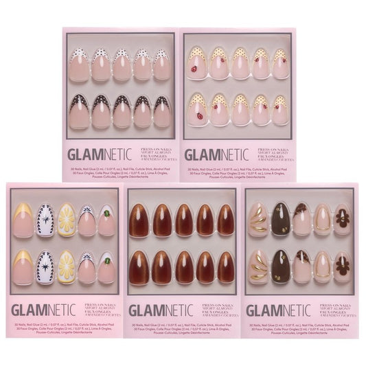 Glamnetic Short Almond Press-On Nails Bundle - Polka Dot French Tips & 3D Nail Art | Vacation Designs, 5 Styles