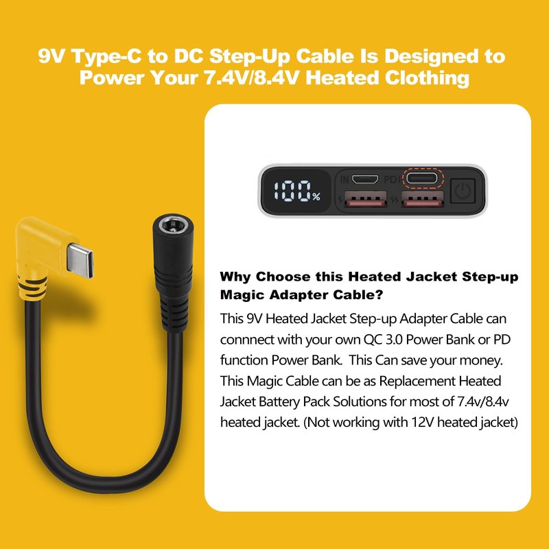 Smarkey 9V Heated Jacket Battery Step-Up Adapter Charger Cable for 7.4V 8.4V Heated Jackets, Heated Hoodies and Heated Vests, Compatible with Ororo, Venustas (Not for 12V Heated Gear)