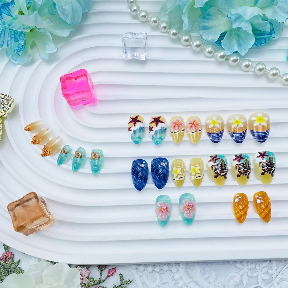 Floral Press-On Nails - 24Pcs Short Almond Acrylic with 3D Ocean Seashell & Turtle Design | Blue Sea Full Cover for Women