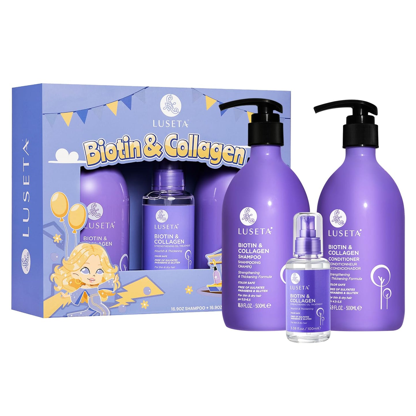 Luseta Biotin Trio Hair Care Set Moisturizing Shampoo and Conditioner Set 16.9 oz*2 and 3.38 oz Hair Serum Thickening for Thinning Damaged Dry Hair