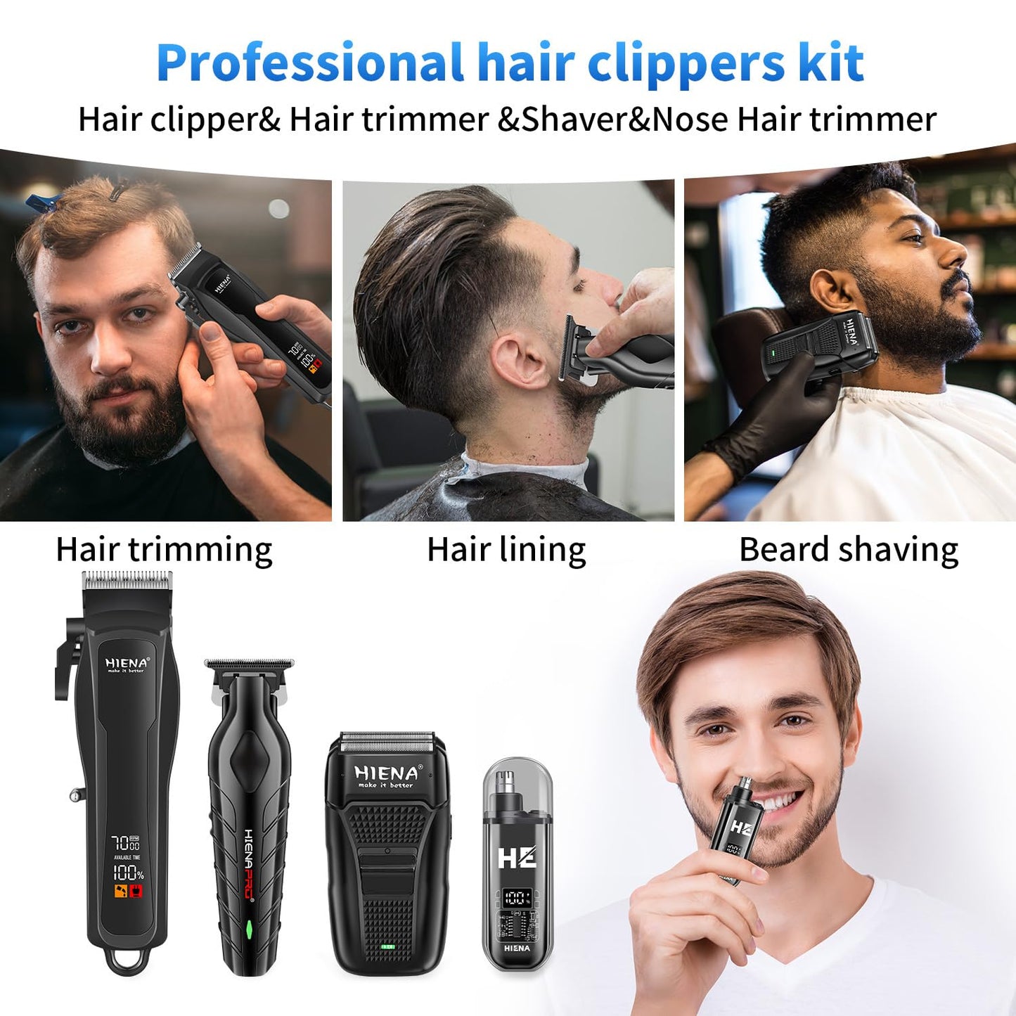 HIENA Professional Hair Clipper Set for Men, Cordless Clippers Set and Trimmer Kit, USB Rechargeable Electric Beard, Nose Hair Trimmer, Foil Shaver & Men's Facial Grooming Tool Kit, Gifts for Men