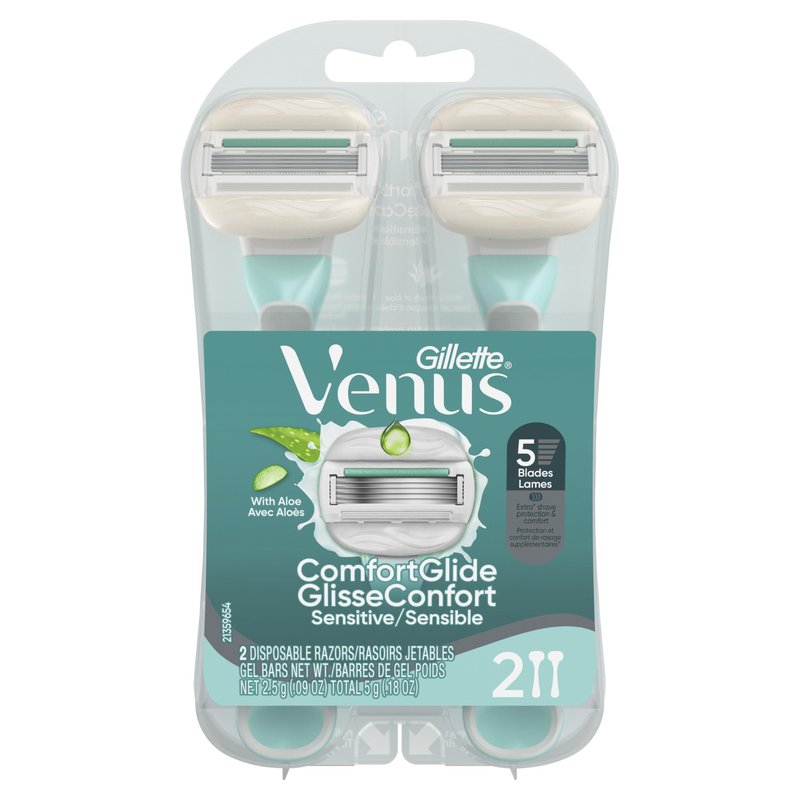 Gillette Venus ComfortGlide Sensitive Disposable Razor for Women, 5 Blades with a Touch of Aloe, Water-Activated Moisture Bars, 2ct
