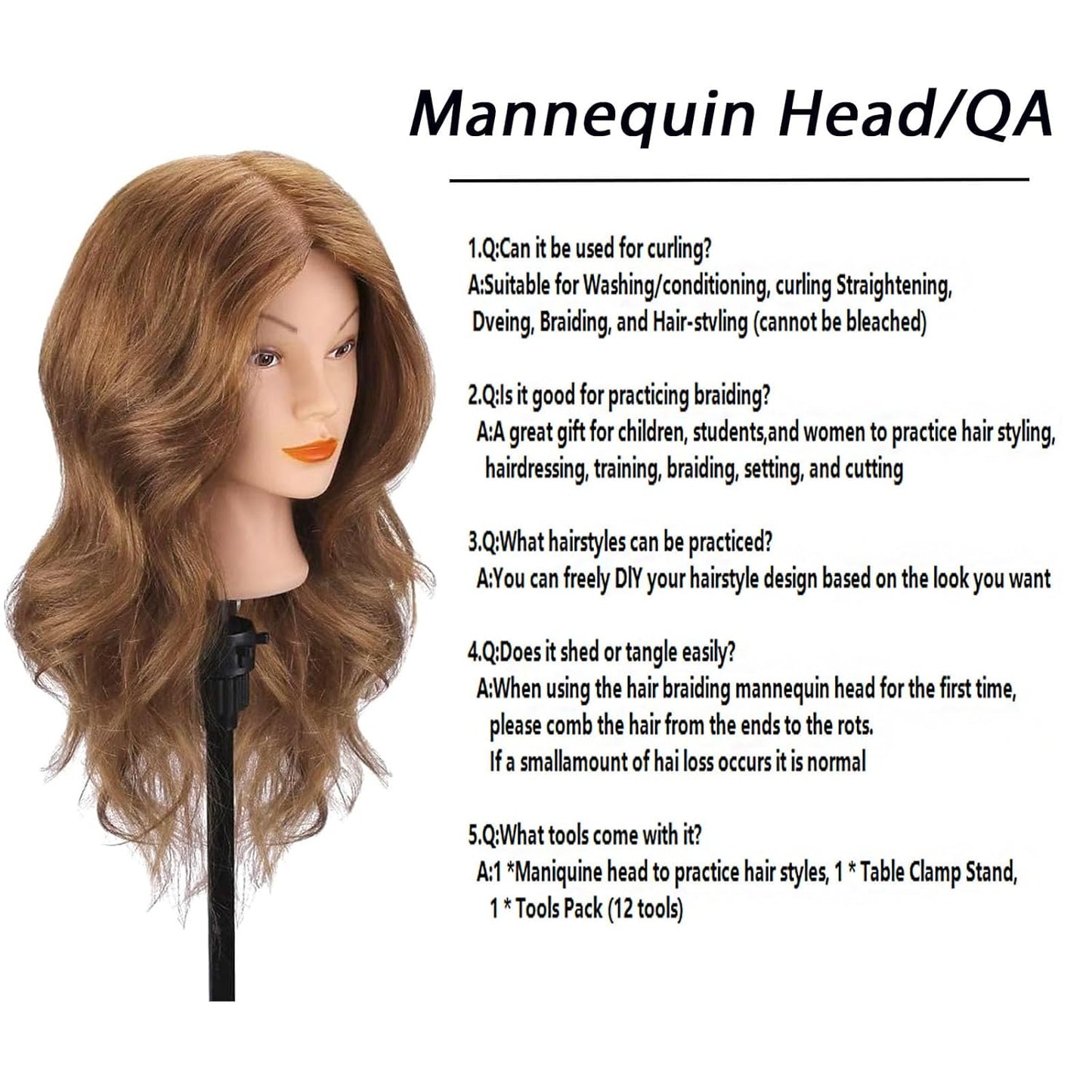 Real Hair Mannequin Head - 18” Brown Cosmetology Training Doll with Clamp & Styling Tools