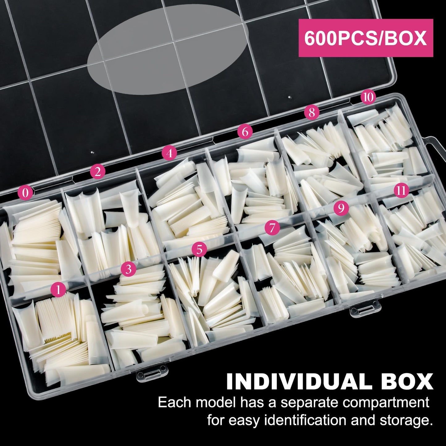 Krofaue 1200PCS Coffin Nail Tips, Clear & Natural Half Cover, 12 Sizes