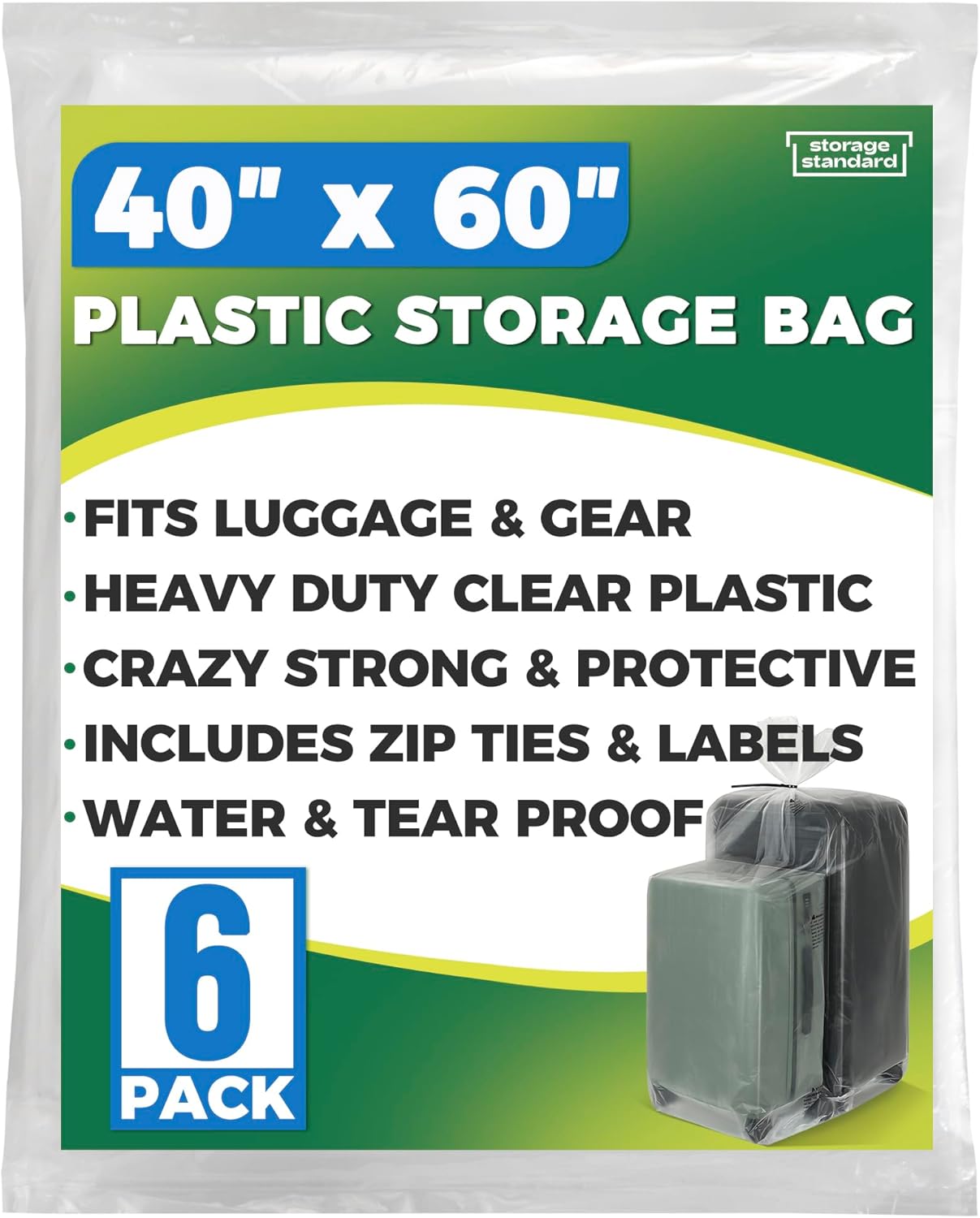 Large Clear Plastic Storage Bags - Waterproof Heavy-Duty Zip Ties | 40 x 60 Inches - Perfect for Luggage, Suitcases, Strollers & Travel Gear