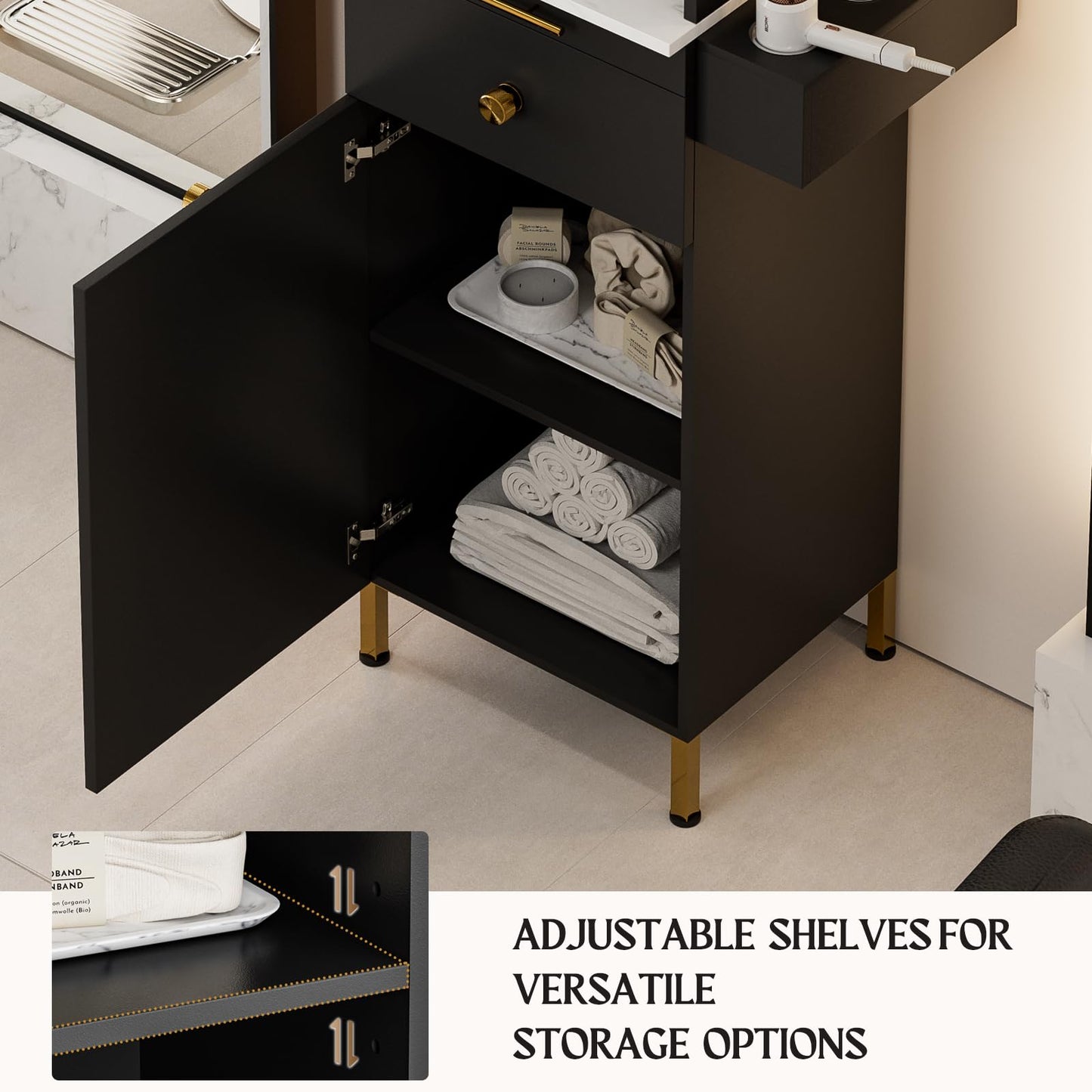 Belandi Salon Stations for Hair Stylist, Barber Station Hair Styling Salon Station, Beauty Salon Furniture with 2 Drawers, Glass Shelf, 2 Storage Cabinet & 6 Hair Dryer Holders for Salon