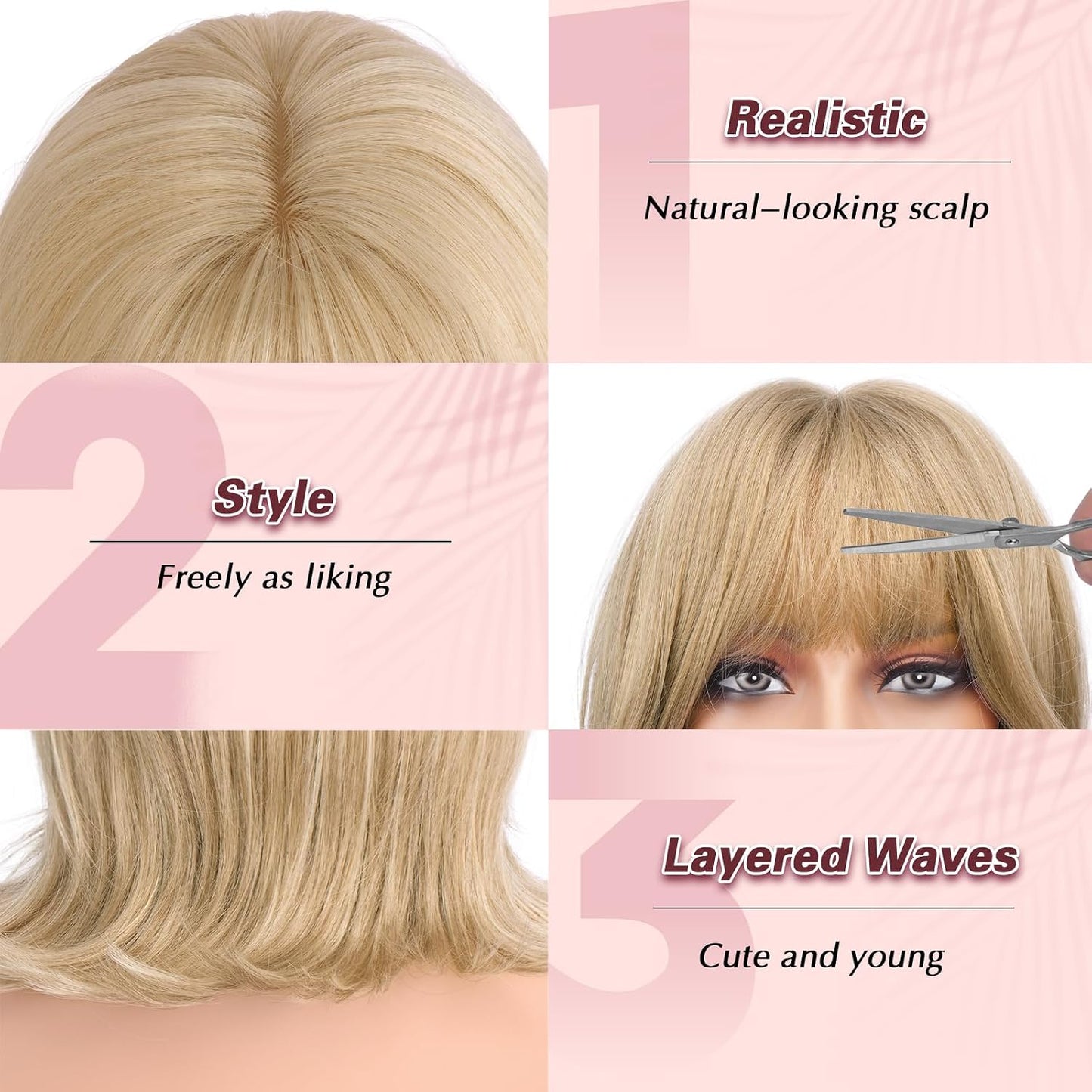 Blonde Short Bob Wig with Bangs - Wavy Layered Synthetic Hair | 14 Inch Dirty Blonde for Women