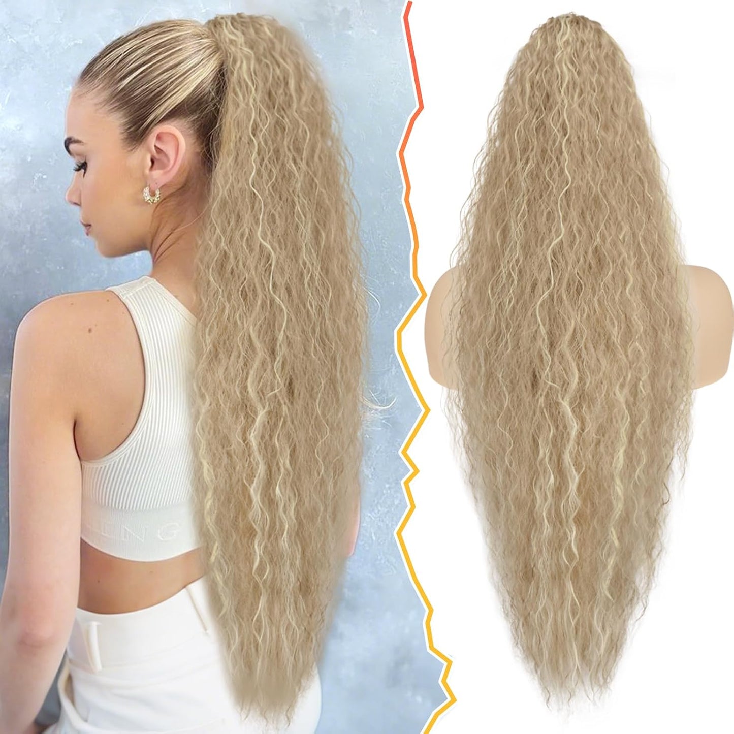 22 Inch Black Curly Wavy Drawstring Ponytail Extension - Synthetic Clip-In Hairpiece for Voluminous Bohemian Style