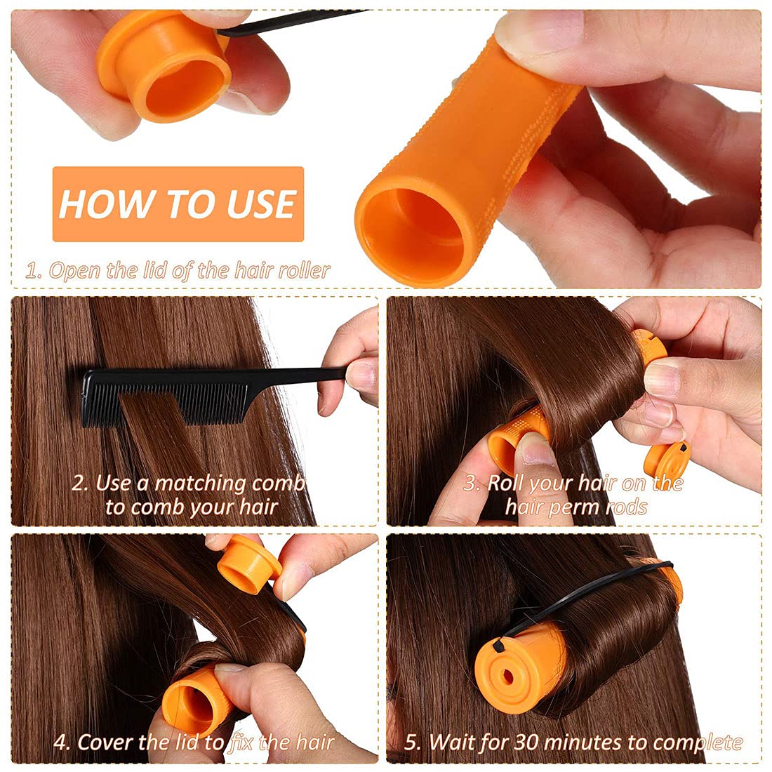 CLIONE 60pcs Perm Rods Set - Non-Slip Plastic Cold Wave Rollers for Long & Short Hair | 0.87 Inch Orange Curling Rods