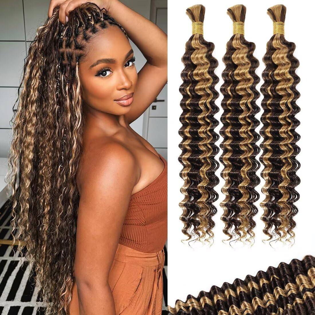 Blonde Human Braiding Hair - 14 Inch Deep Water Wave Extensions | 5 Bundles Brazilian Virgin Curly Color 27 Honey Blonde