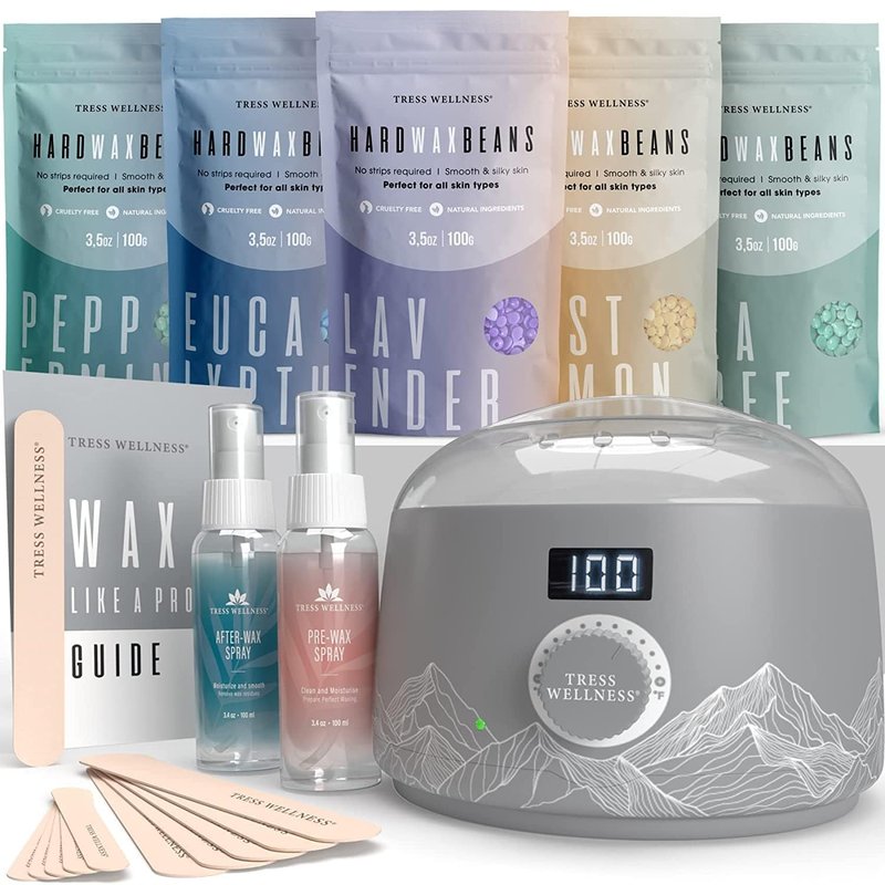 Tress Wellness Waxing Kit for Sensitive Skin – Safe for Face & Skin, Prep & Aftercare Spray, Easy to Use – At-Home Kit for Face, Bikini, Brazilian & Full Body - Digital Display, Grey Mountain