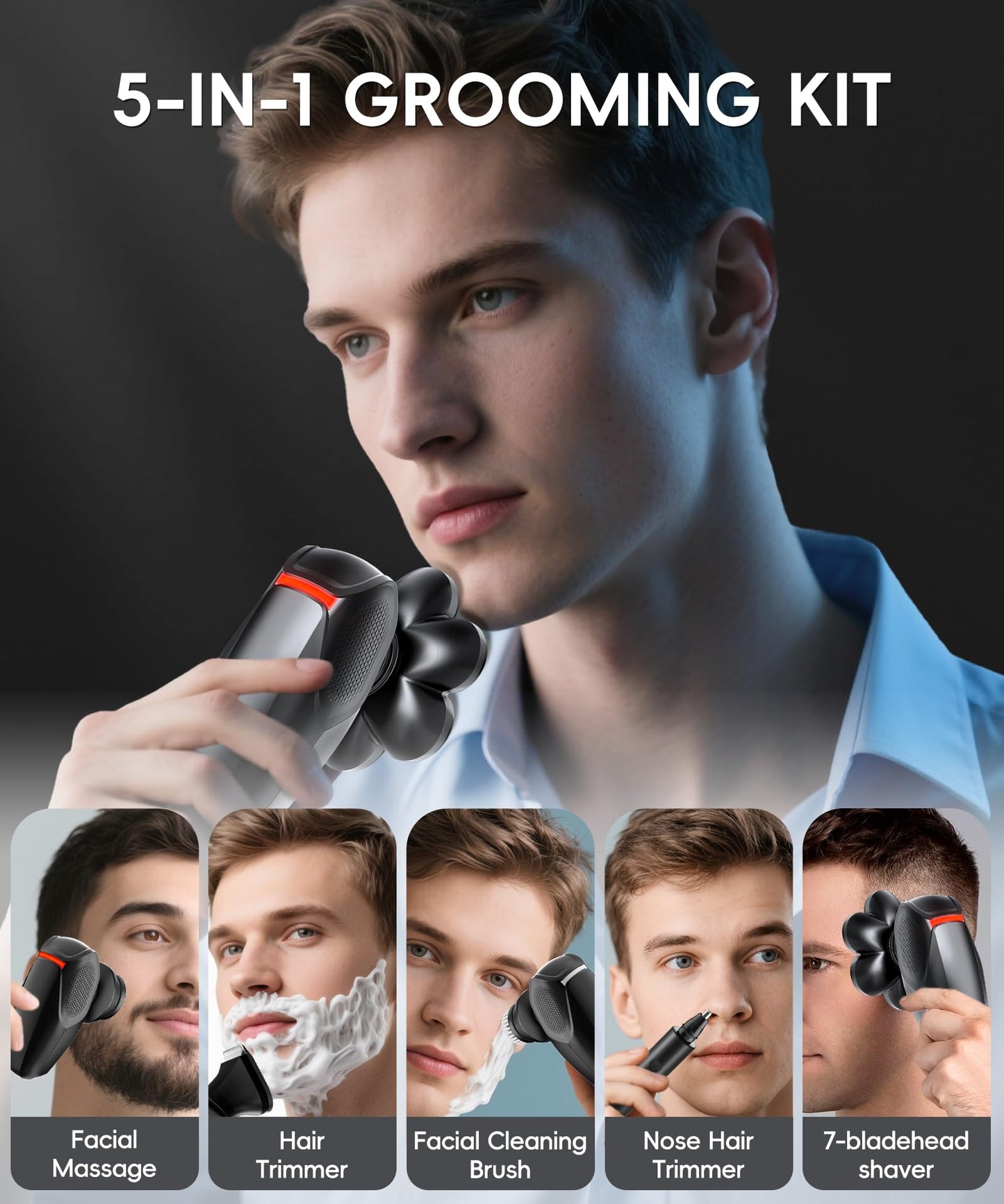 MALEGEBAZ Head shavers for Bald Men 5-in-1 Men's Grooming Kit, 7D Rotary Electric Head Shaver, IPX8 Waterproof Wet/Dry Father's Day High-Gloss Black