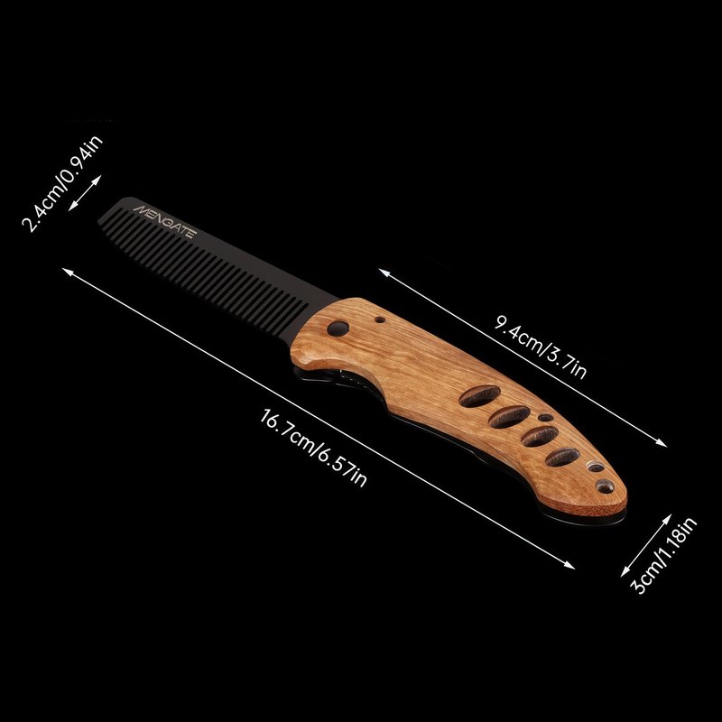1PC Small Folding Pocket Beard & Mustache & Hair Styling Comb for Men - Metal Tactical Grooming Tool with Wooden Handle for Travel & Home Use - Idea for Stocking Stuffers - Length 6.57inch - Black