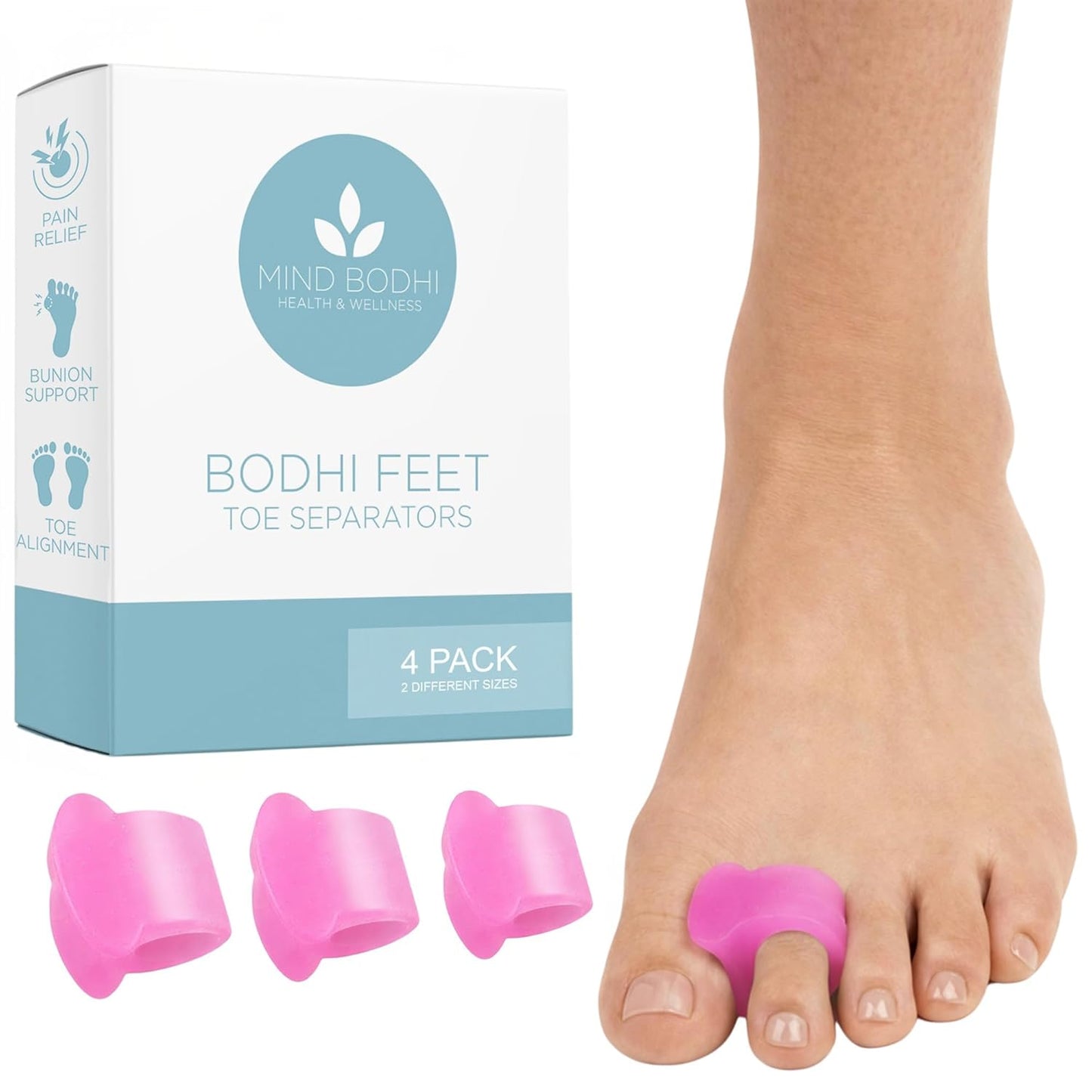 Toe Separators for Bunions - Mind Bodhi 4-Pack Single-Loop Spacers | Clear Design for Men & Women