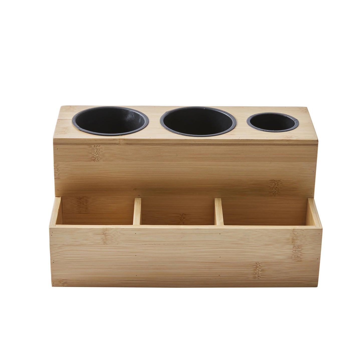 Natural Bamboo Hair Tools Organizer - 6 Compartment Countertop Hair Styling Tool Holder, 2-Tier Free Standing Storage Caddy for Hair Dryer, Curling Iron, Brushes & Combs (12 x 6 x 7 in)