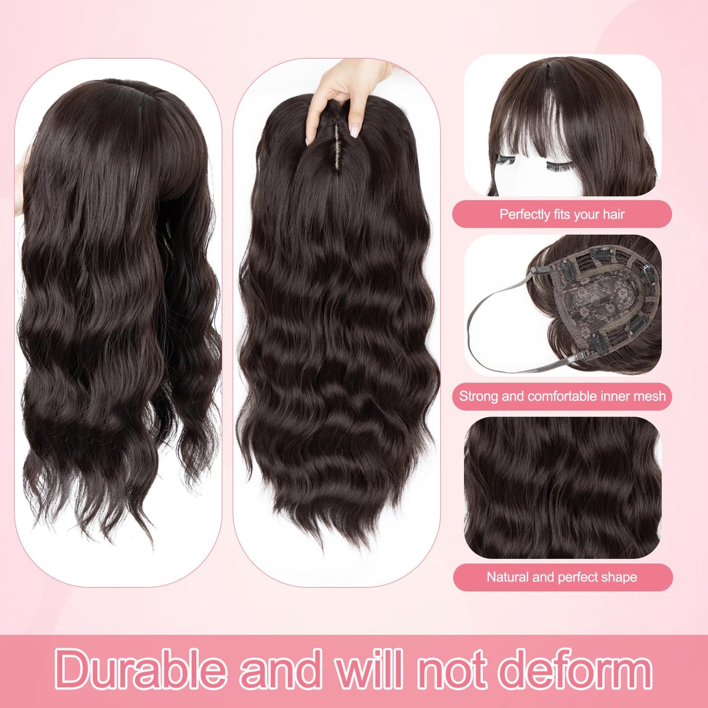 Sakuraaa Hair Toppers for Women - 18" Long Wavy Synthetic Hair Piece | 6.5"x6.5" Large Base in Dark Brown