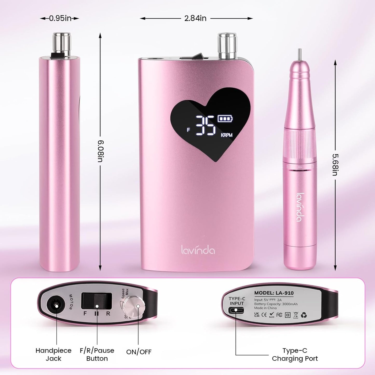 Electric Nail Drill Machine - 35000RPM Cordless Rechargeable Efile for Acrylic Gel Nails | Pink 910
