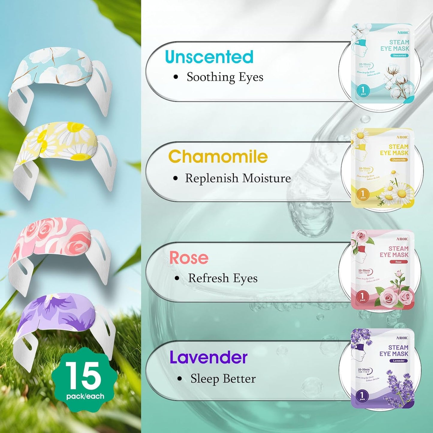 Heated Sleep Eye Masks - 120 Pack Disposable Steam Eye Masks for Relaxation | Lavender, Chamomile, Rose