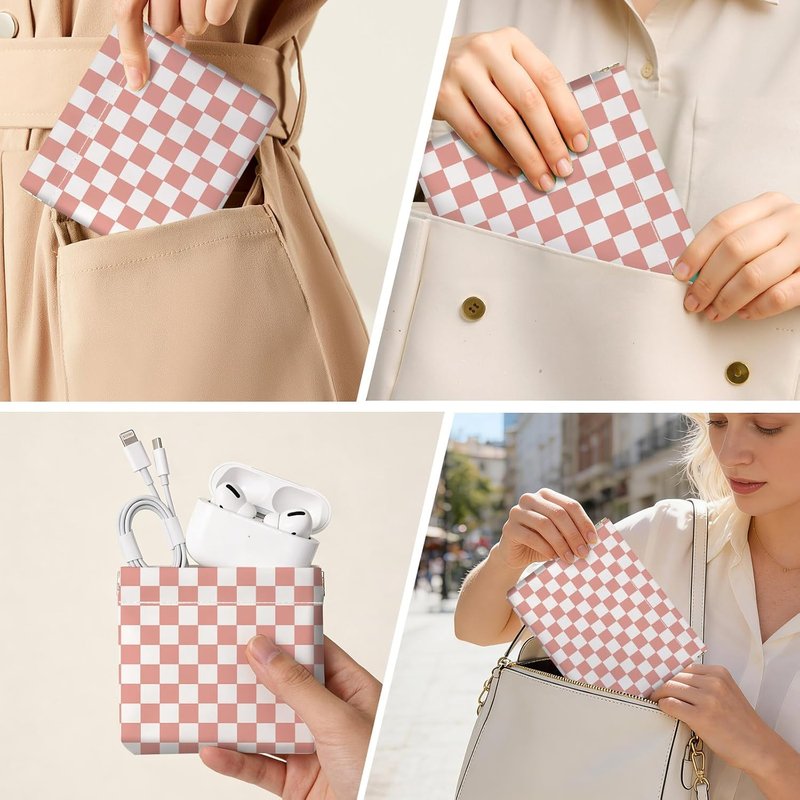 Makeup Bag Set - 2PCS PU Leather Cosmetic Organizer for Purse | Portable Self-Closing Toiletry Pouch - Pink Checkered