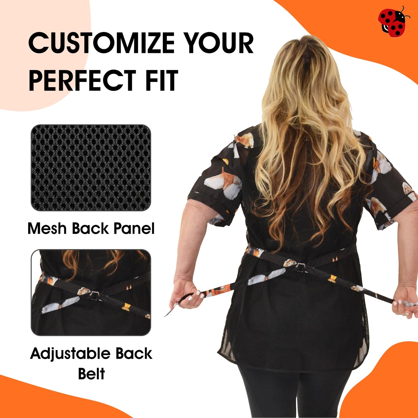 Ladybird Line 803 Dog Groups Grooming Smock, Water Resistant, Hair Bleach Proof, Breathable Mesh Lining, Adjustable Back Belt