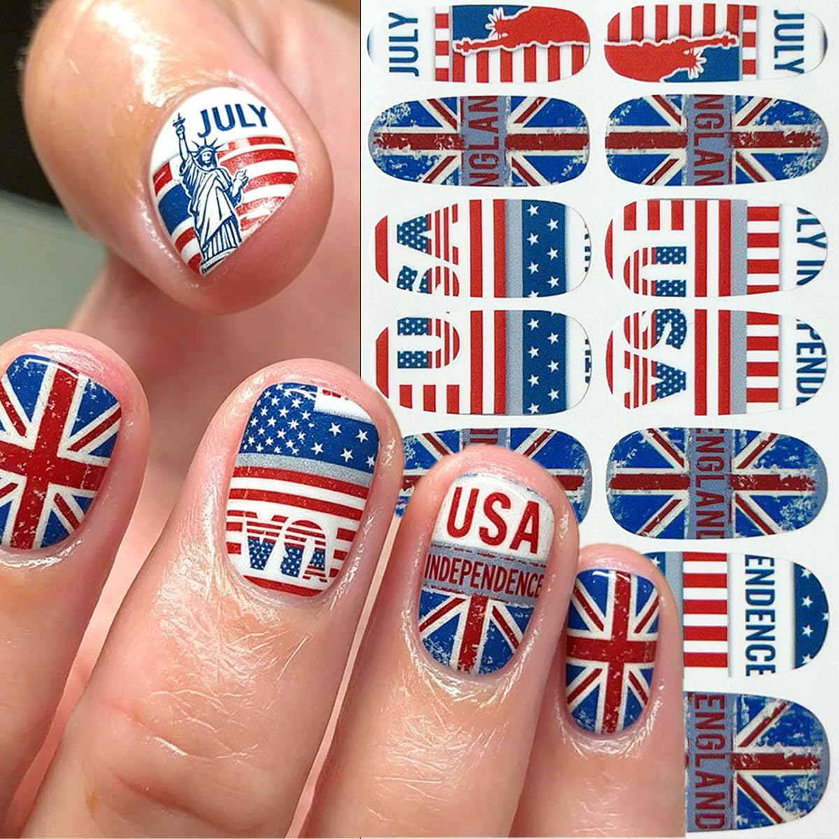 4th of July Gel Nail Stickers Star American Flag Design Independence Day Gel Nail Polish Strips Firework Balloon Patriotic Full Nail Wrap Decals Holiday Nail Strips Stickers for Women Manicure 4Sheets