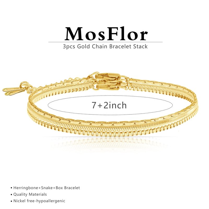 Gold Chain Bracelet for Women Men Trendy - 14K Gold Plated Bracelet Dainty Gold Snake Link Bracelet Stack Simple Jewelry Chain Set Adjustable Bracelet Accessories for Dad Husband 3 Pcs