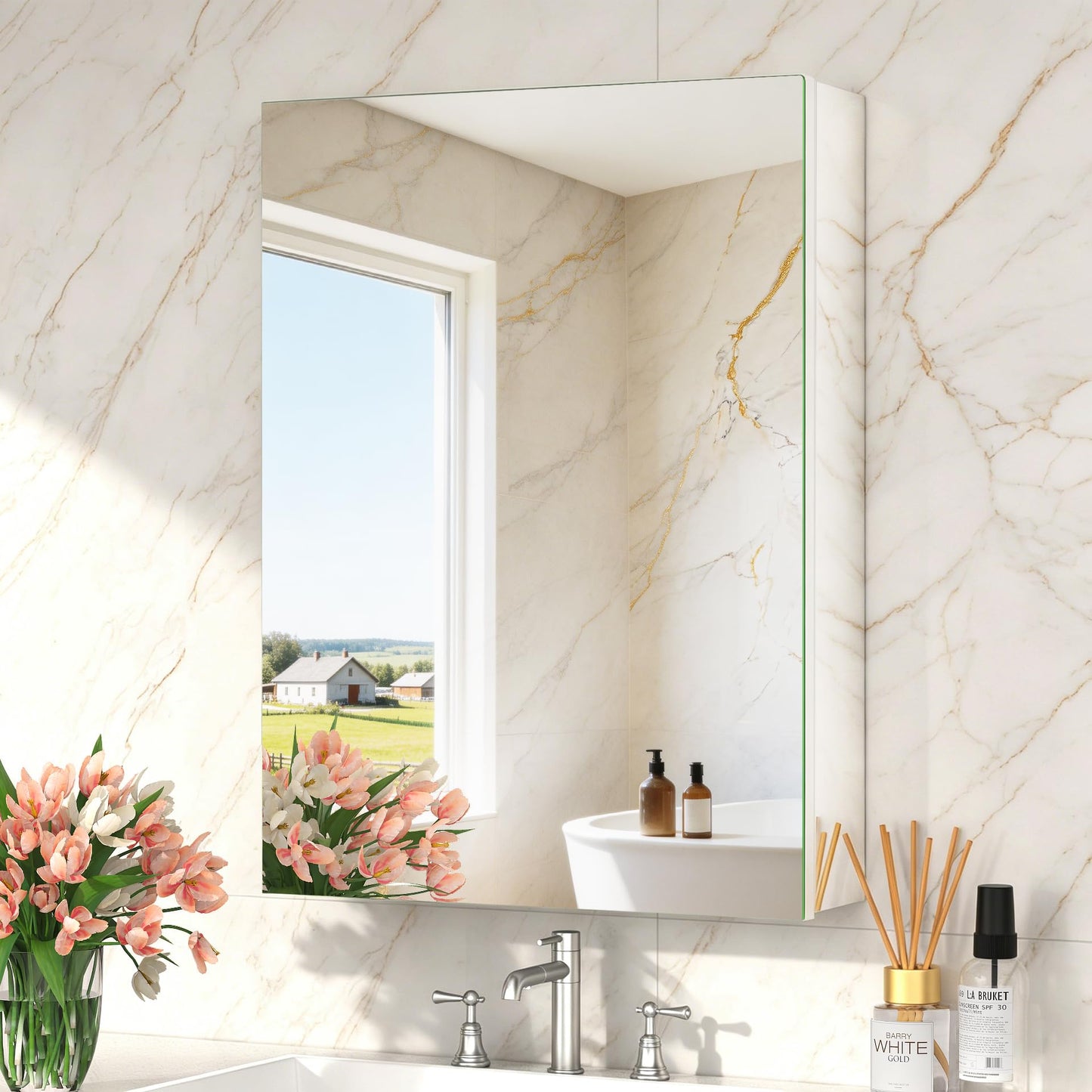 BROBIG 20 x 26 Medicine Cabinet Mirror, Moisture-Proof Aluminum Bathroom Medicine Cabinet with Mirror, Bathroom Mirror Cabinet with Adjustable Shelves, DTC Hinges, Recessed/Surface-Mounted