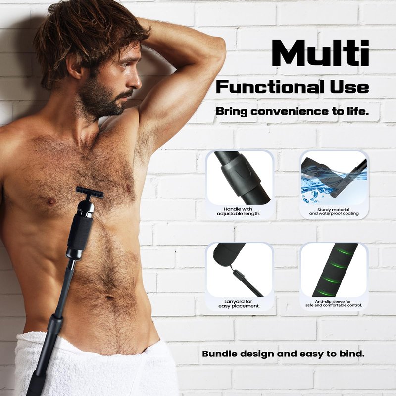 ETbyto Safety Razor Extension Handle with Adjustable Length for Leg Razor,Back Shaver for Men,Multi-Function Extension Shaver Handle can be Fitted Lotion Applicator,Hair Brush for Wet or Dry - Black
