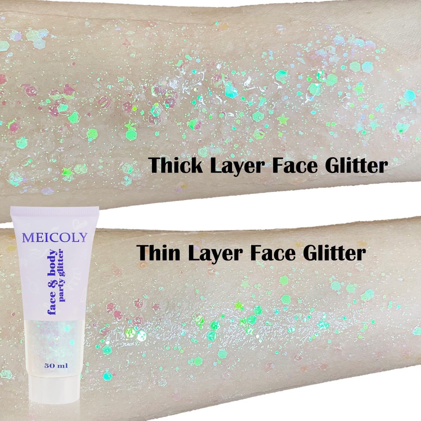 MEICOLY Clear White Face Body Glitter,Mardi Gras Face Glitter Makeup for Kids Women,Face Glitter for Running Half Marathon,Sparkly Mermaid Hair Glitter,Singer Concert Festival Rave Accessories