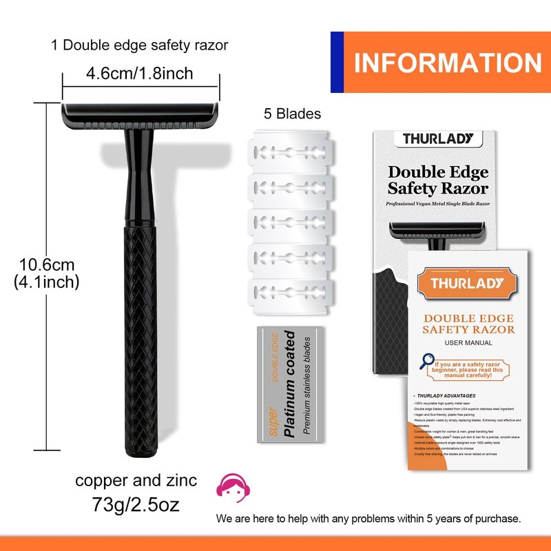 THURLADY Matte Black Safety Razor, Single Blade Razors for Men, Reusable Metal Razor, with 5 Stainless Steel Double Edge Blades, Smooth Close Shave, Sustainable, Plastic Free