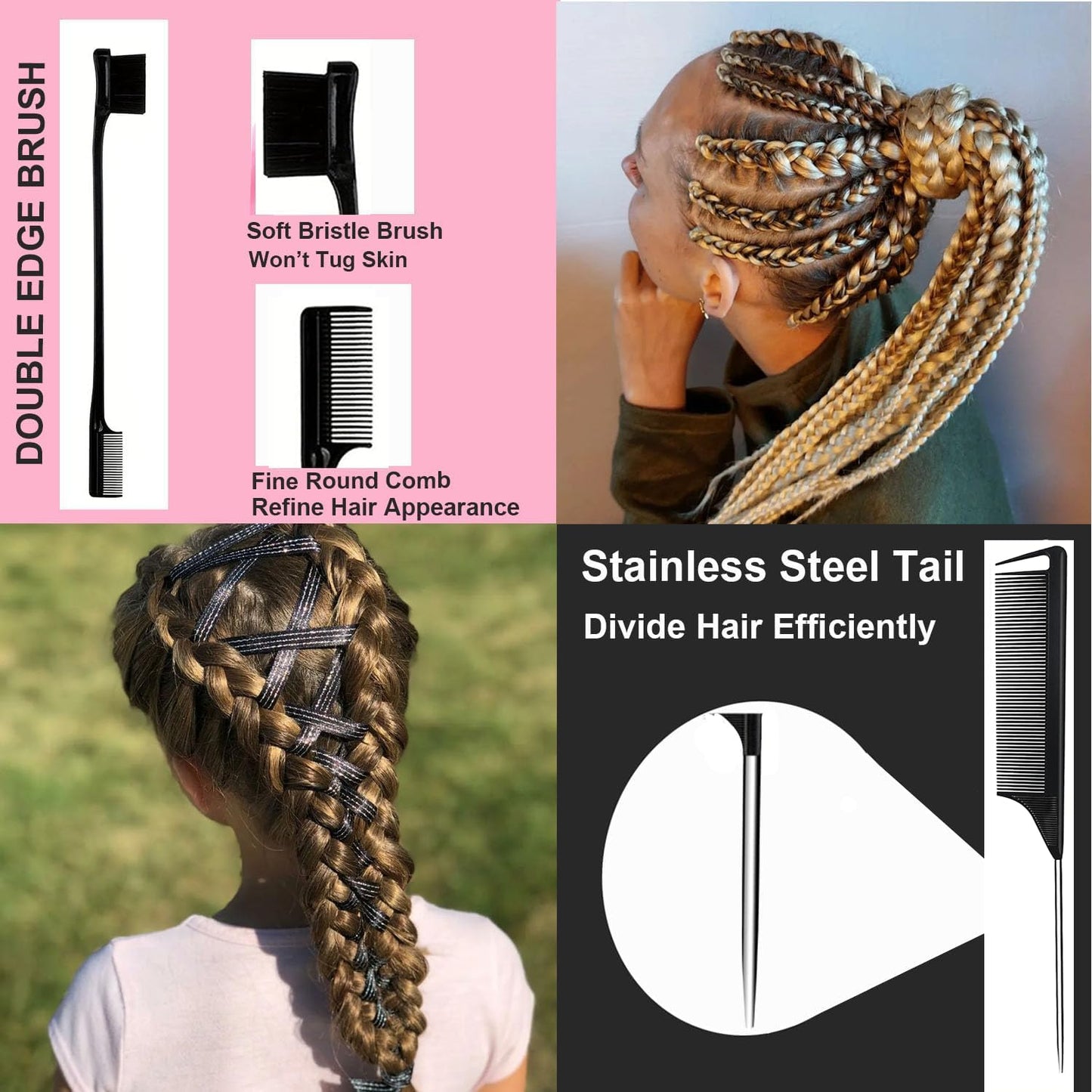 Magnetic Wristband for Hair Stylist, 10 Pieces Hair Braiding Tool with Edge ＆Teasing Brush, Rat Tail Comb ＆Alligator Clip, Braider Wristband for Black Hair, Silicone Sewing Pincushion (Hot Pink)