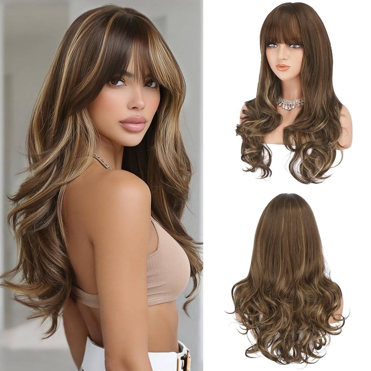 Pink Wigs with Bangs - Long Wavy Layered Synthetic Hair Wig | Natural-Looking, Heat Resistant, 24 Inch