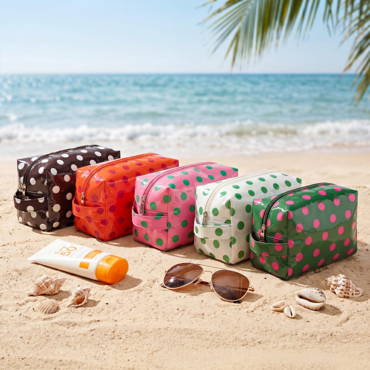 Lestikave PVC Polka Dots Makeup Bag,Easy to Clean,Waterproof Clear Coated Cosmetic Bag,Cute Travel Organizer Zipper Pouch for Beach Vacation Essentials(05Orange)