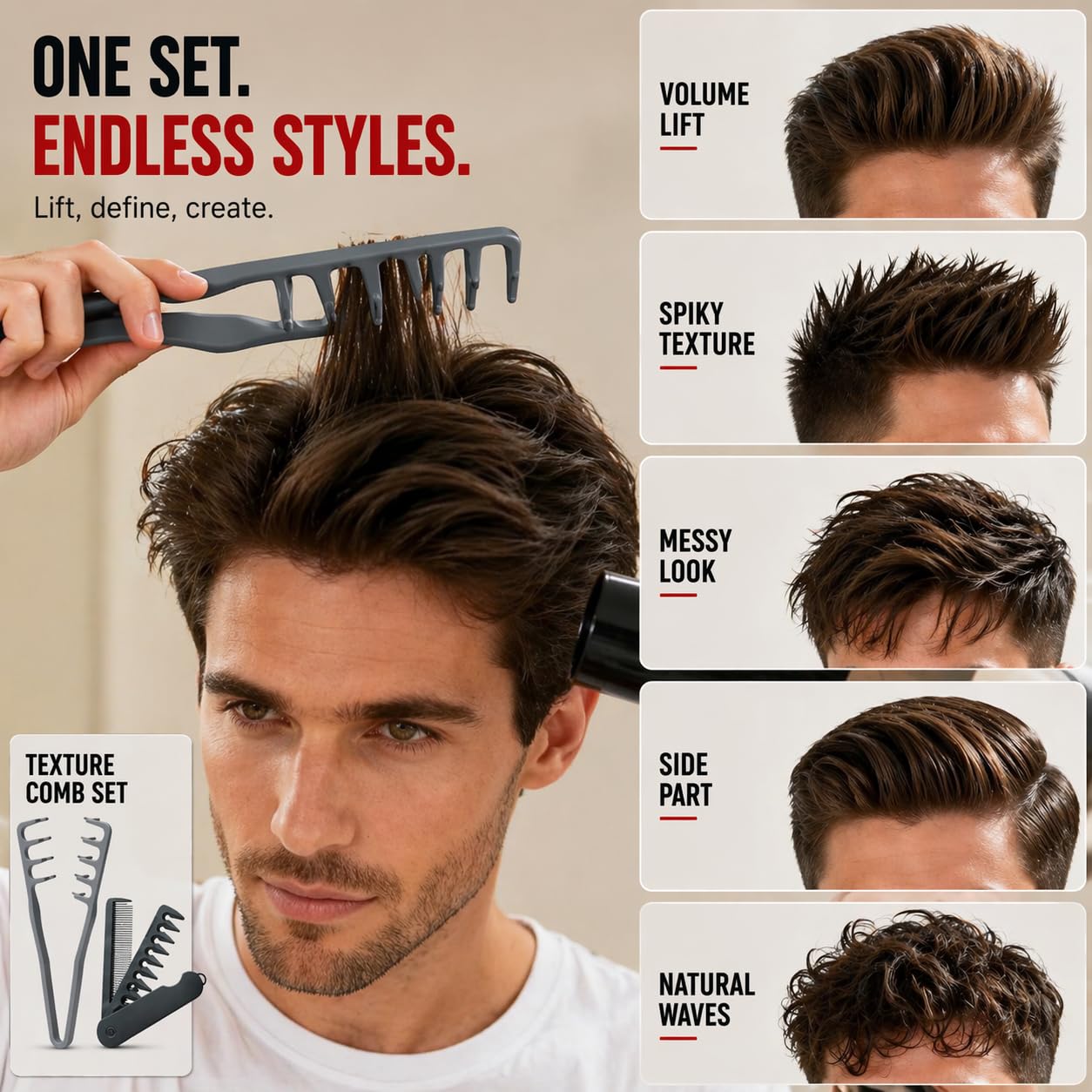5-in-1 Texture Comb Set - Salon-Style Volumizing Hair Tool for Men & Women | Fluffy Texturizing Comb for Curly & Slick Back Hair