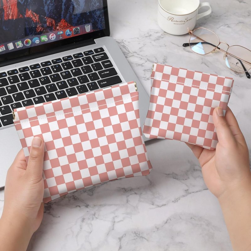 Makeup Bag Set - 2PCS PU Leather Cosmetic Organizer for Purse | Portable Self-Closing Toiletry Pouch - Pink Checkered
