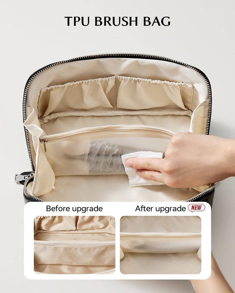 Travel Makeup Bag - Large Capacity Lychee Leather Cosmetic Organizer | Waterproof Toiletry Case with TPU Brush Compartment