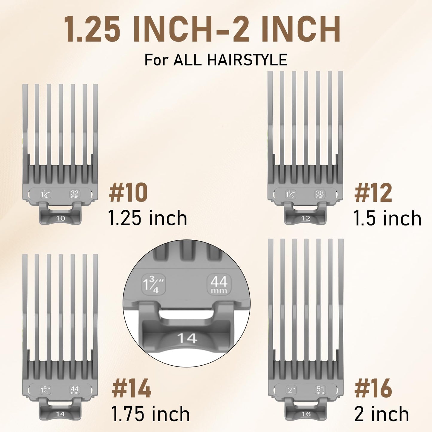 Clipper Guards 1.25", 1.5", 1.75", 2" Compatible with Most Wahl Clippers, 2nd Gen Extra Long Professional Hair Clipper Combs Guides 10 12 14 16, Gray