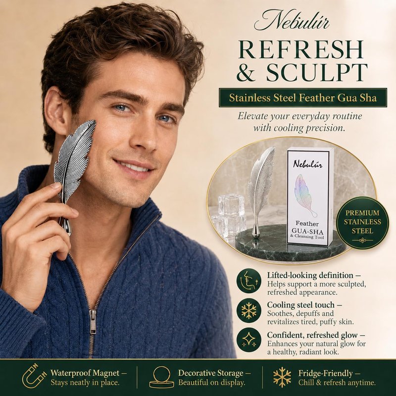 Stainless Steel Gua Sha Tool for Face, 304 Cooling Metal Facial Massager, Jawline Sculpting, De-Puffing, Under Eye Bags, Lymphatic Drainage, Feather Shape with Acupressure Tip, Gift for Women Men